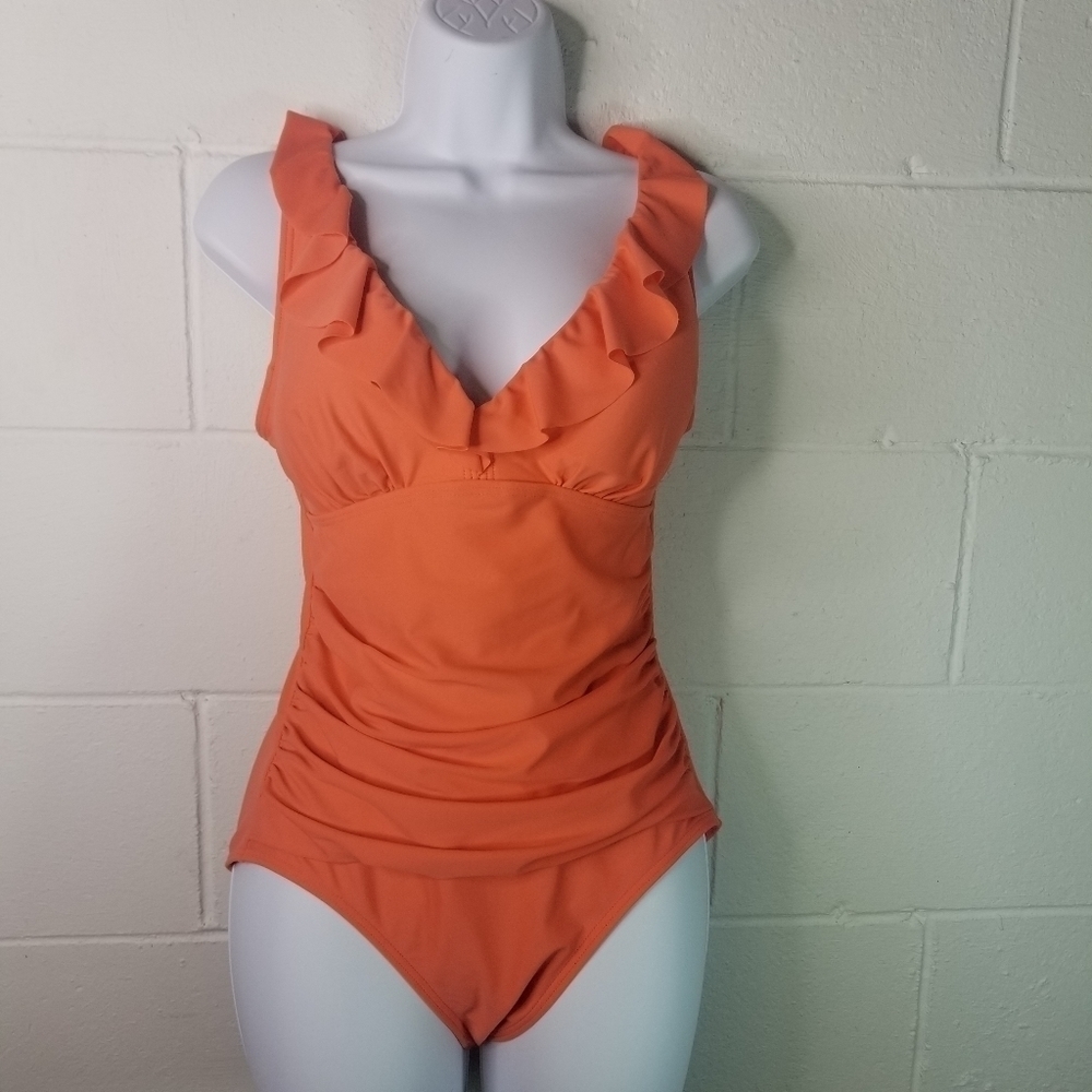 DKNY coral ruffle ruched one piece swimsuit - Picture 3 of 11